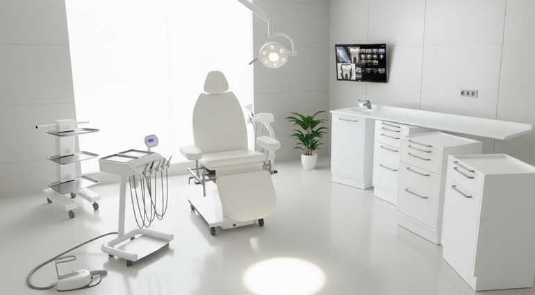 Installation of the MORPHEUS multifunction surgical chair with white-painted stainless steel base, designed for modern clinical environments. Italian-made.