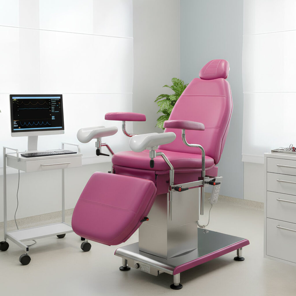 Dettaglio poltrona chirurgica multidisciplinare Morpheus con reggicosce ginecologici Gopel a abbattimento verticale e design anatomico.