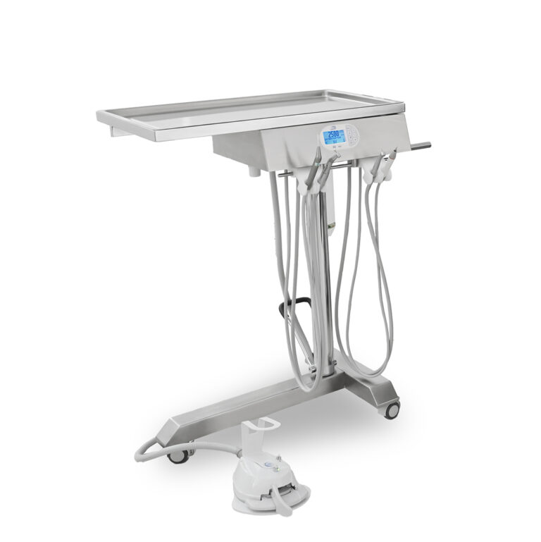 Vista completa dell'unità odontoiatrica Maycart con tavolo di Mayo in acciaio inox, progettata per studi dentistici moderni.
