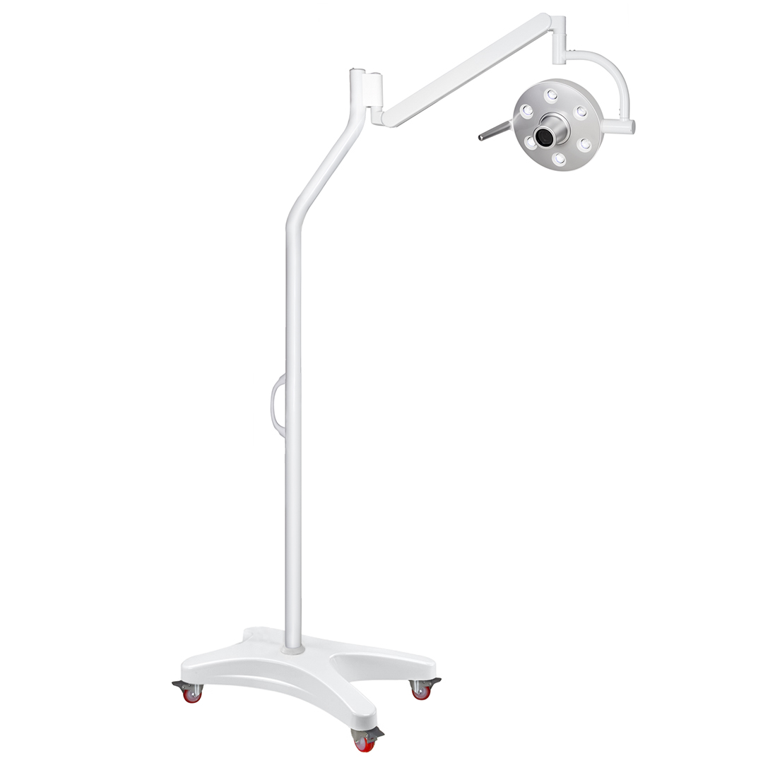 Lampada scialitica EsaCam con telecamera integrata, su stativo mobile con base a quattro ruote, progettata per odontoiatria, veterinaria, estetica, podologia e cliniche mediche.