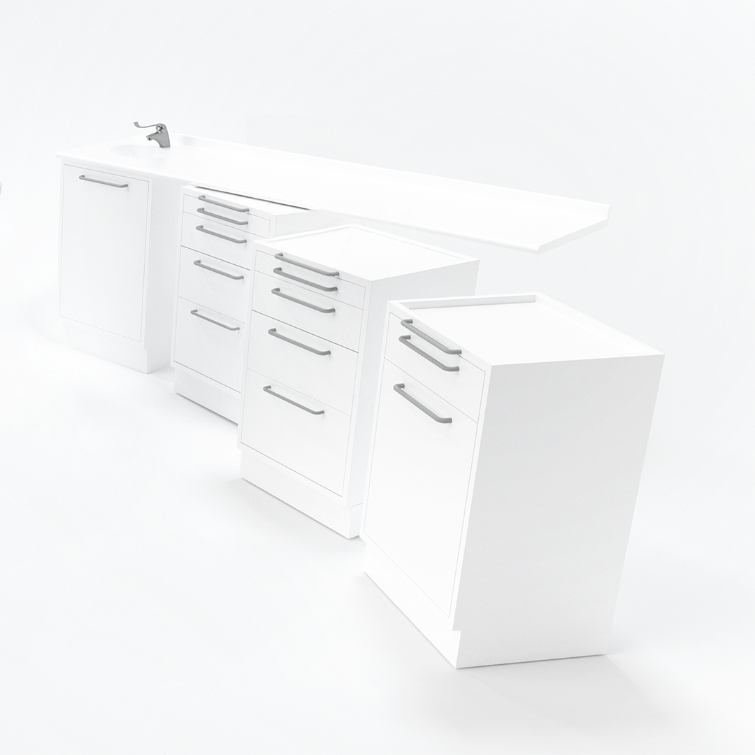 Vista completa dei servomobili EASYMOVE Soft-Line con lavello fisso e moduli mobili per ambienti medici e odontoiatrici.