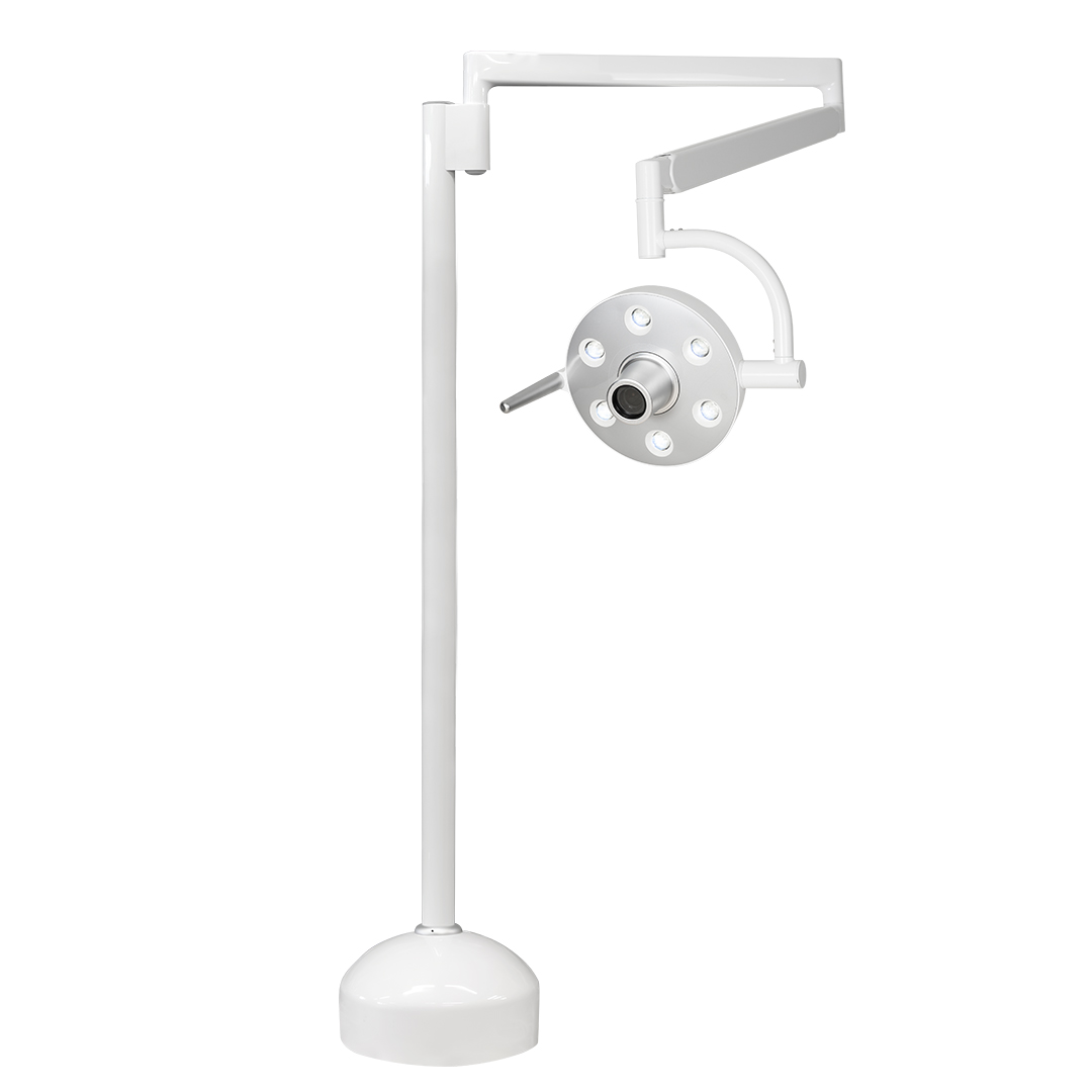 Lampada scialitica EsaCam con telecamera integrata, installazione a pavimento, progettata per odontoiatria, veterinaria, estetica, podologia e cliniche mediche.