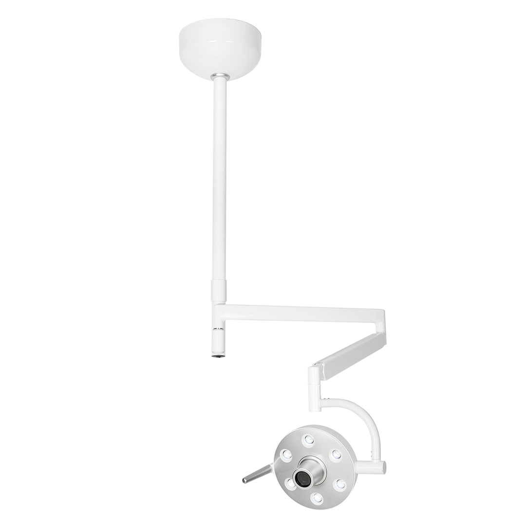 Lampada scialitica EsaCam con telecamera integrata, installazione a soffitto, progettata per odontoiatria, veterinaria, estetica, podologia e cliniche mediche.