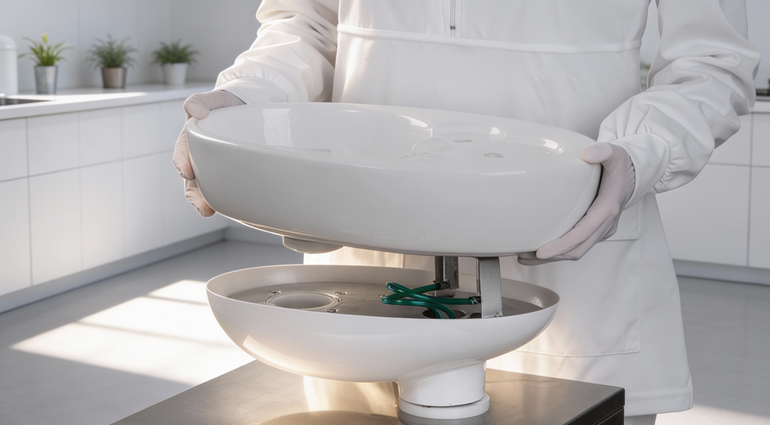 Bacinella in ceramica italiana amovibile di Aspirol per sistema di aspirazione odontoiatrica