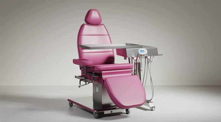 Carrello chirurgico odontoiatrico con tavolo di Mayo integrato posizionato accanto alla poltrona odontoiatrica per la gestione degli strumenti in sala operatoria.