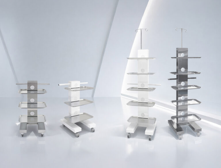 Carrello elettrificato per apparecchiature medicali Easy Tray, configurazioni Nano e full optional in acciaio inox e finitura bianca, progettato e realizzato in Italia per ambienti clinici, odontoiatrici e chirurgici.
