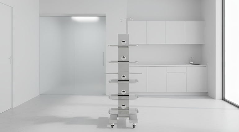 Carrello medicale elettrificato Easy Tray in acciaio inox con 5 vassoi, configurazione completa per applicazioni dentali e chirurgiche con apparecchiature elettromedicali.
