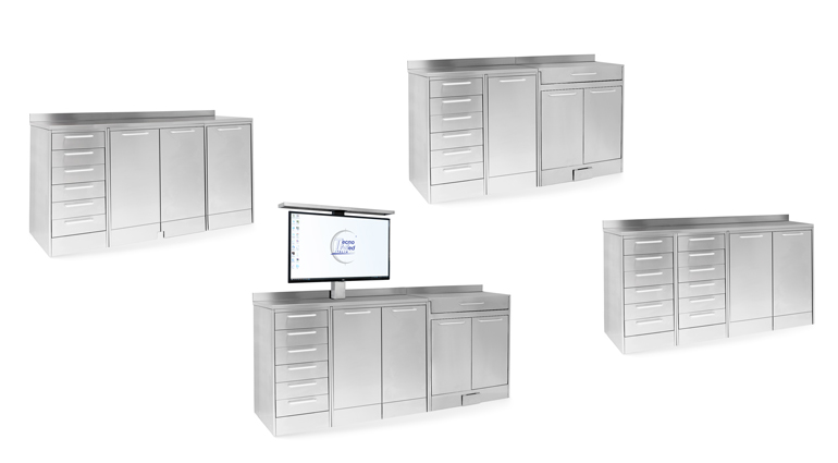 Esempi di configurazioni modulari dei mobili chirurgici CHIRUNOX in acciaio inox.