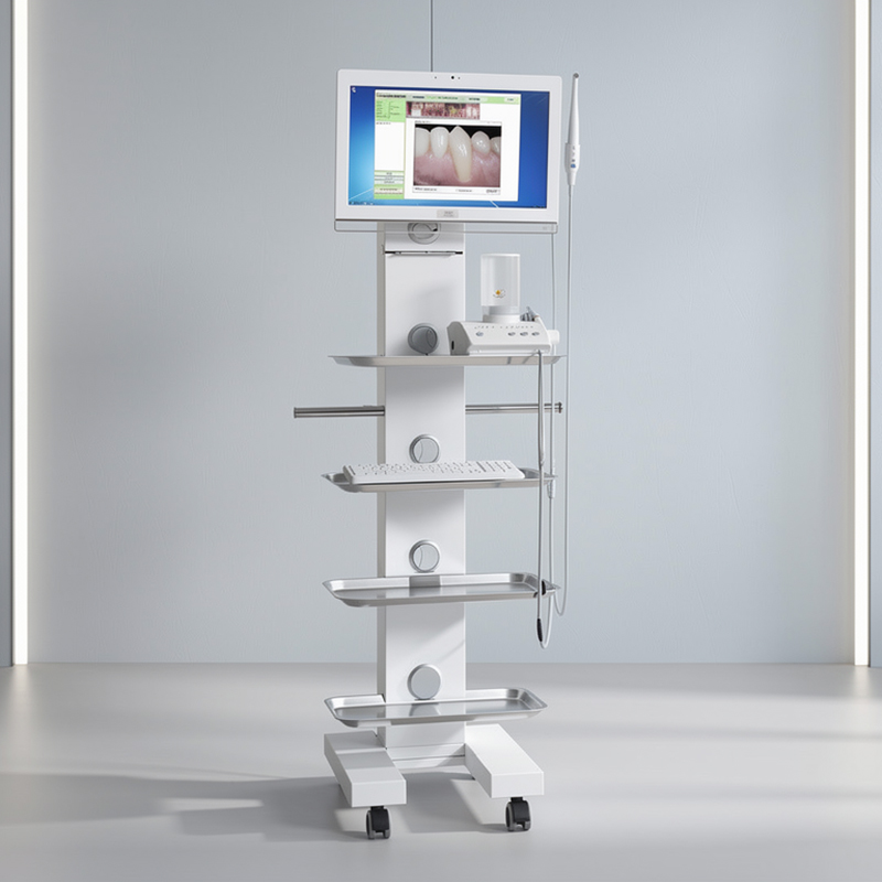 Configurazione Easy Tray in acciaio inox, carrello elettrificato per dentista e igienista dentale, progettato per l’organizzazione delle apparecchiature in ambito odontoiatrico.