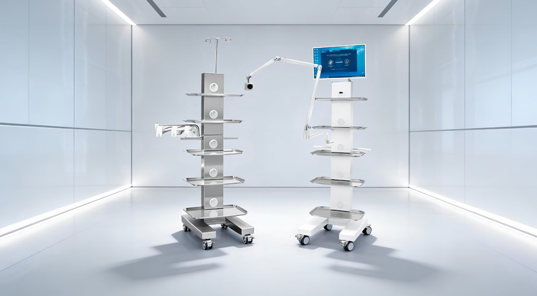 Configurazioni del carrello medicale elettrificato Easy Tray per ambiti dentali e chirurgici, con integrazione di apparecchiature elettromedicali, monitor e accessori professionali.