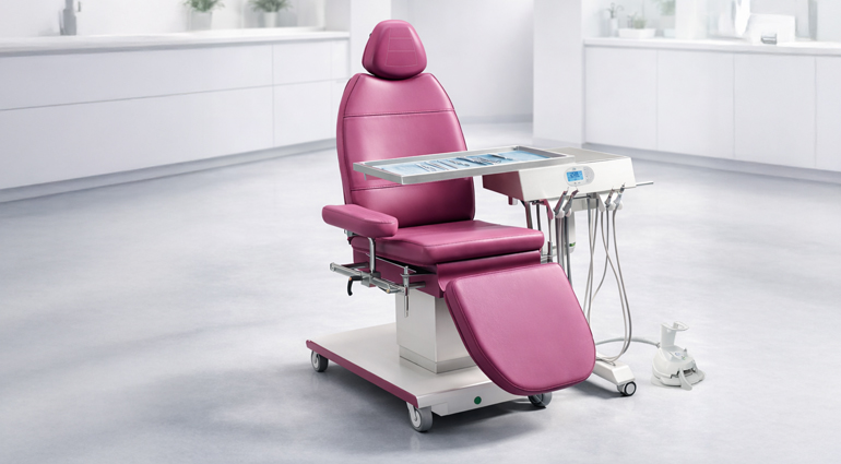 Dental surgical cart with integrated Mayo tray positioned next to a dental chair, designed for efficient instrument management in the operating room.