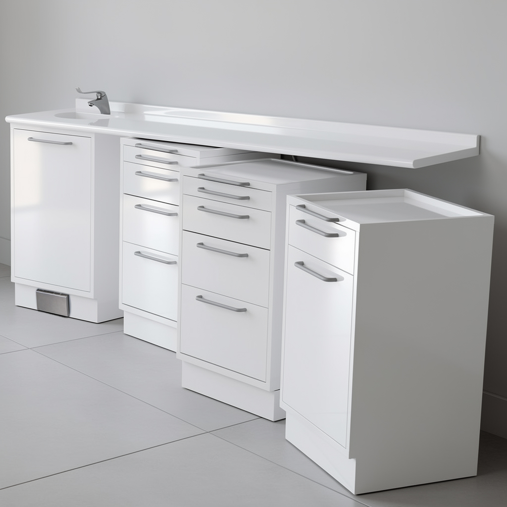 Linea di arredo medicale Easy Move con modulo lavello e servomobili estraibili su ruote per studio odontoiatrico e medico