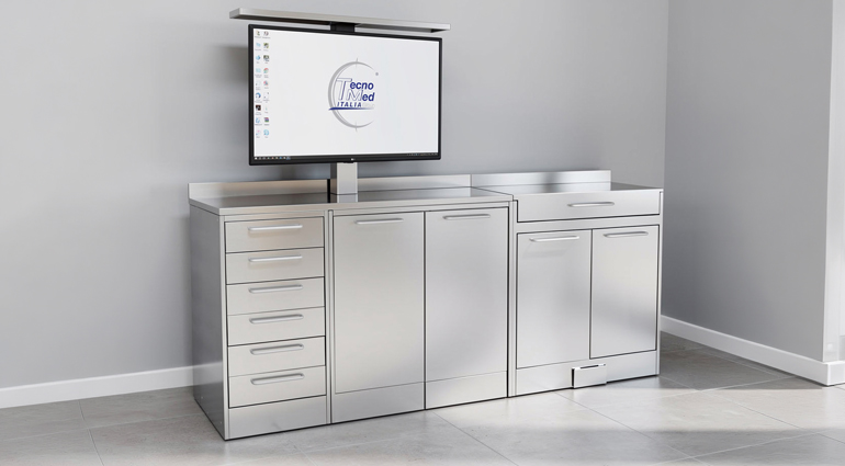 Mobile Chirunox in acciaio inox con cassetti, ante e supporto monitor per studio chirurgico