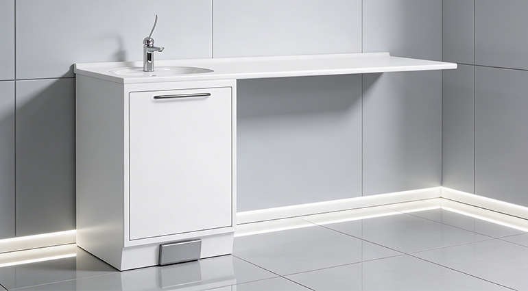 Mobile lavello medicale Easy Move con vasca in ceramica a filo piano e top idrorepellente antigraffio
