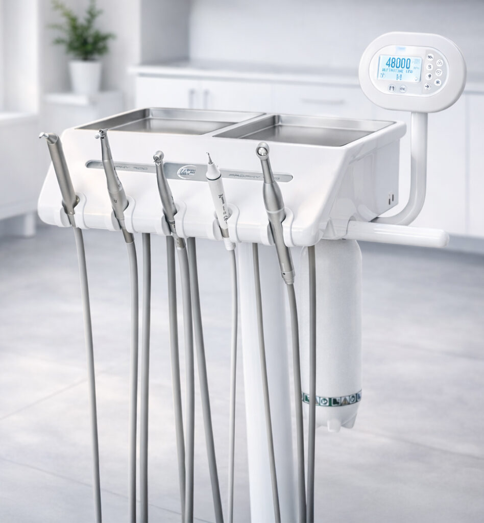 Carrello odontoiatrico indipendente PROPHY 900 con tavoletta portastrumenti, micromotori e pannello di comando LCD, progettato e prodotto in Italia da Tecnomed Italia