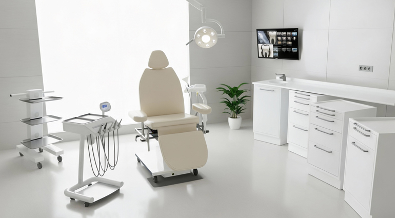 Studio chirurgico odontoiatrico moderno con poltrona Morpheus, unità portastrumenti mobile, lampada EsaLight e mobili su ruote Easimove