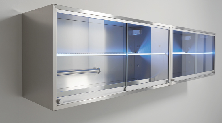 Vetrinetta pensile Chirunox in acciaio inox con ante scorrevoli in vetro e illuminazione LED interna