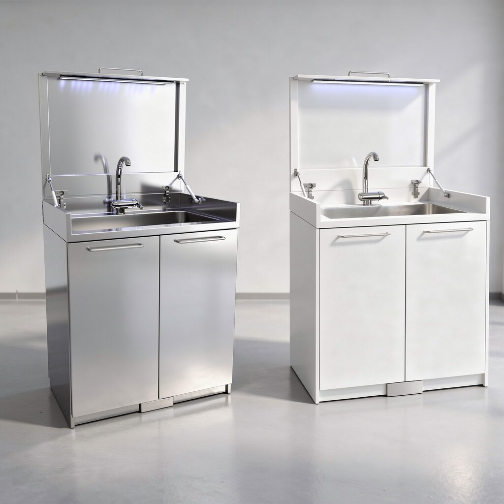 Lavabo chirurgico Sterila in acciaio inox e versione verniciata bianca con sterilizzazione automatica UV-C integrata