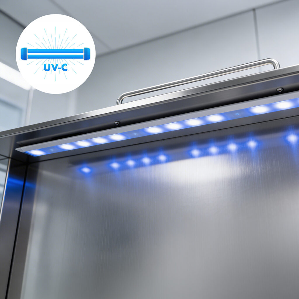 Sistema automatico di sterilizzazione UV-C integrato nel lavabo chirurgico Sterila in acciaio inox medicale