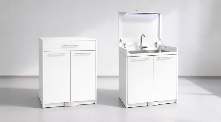 Sterila stainless steel surgical sink with white finish and automatic UV-C sterilisation, open and closed configuration for operating rooms and dental clinics