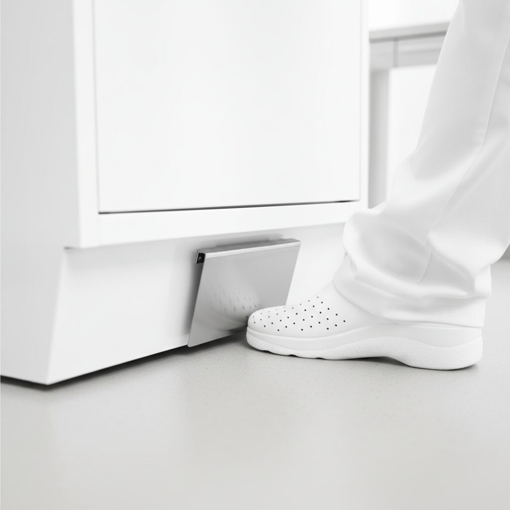 Foot control pedal for Easy Move clinical sink cabinet enabling hands-free water activation