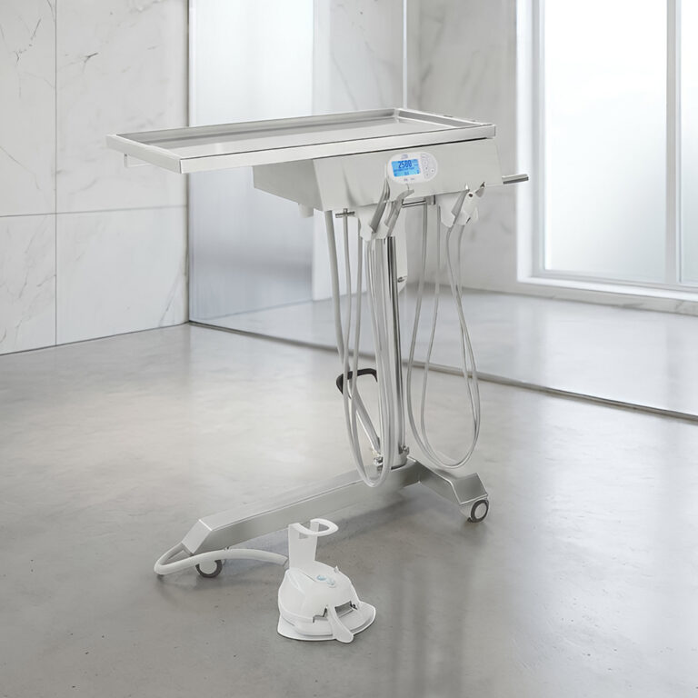 Maycart stainless-steel surgical and dental cart with integrated Mayo table, premium Made-in-Italy solution for high-end clinics and surgical rooms.