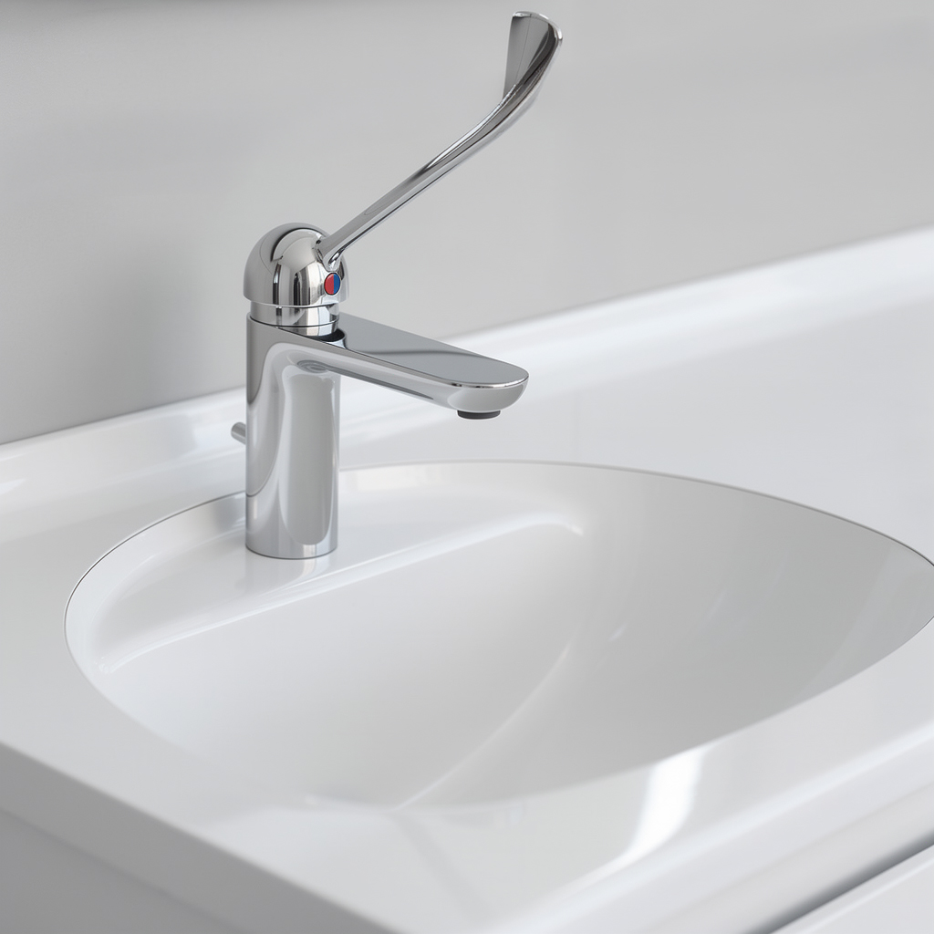 Flush-mounted ceramic sink with clinical lever mixer integrated into Easy Move modular clinical furniture system