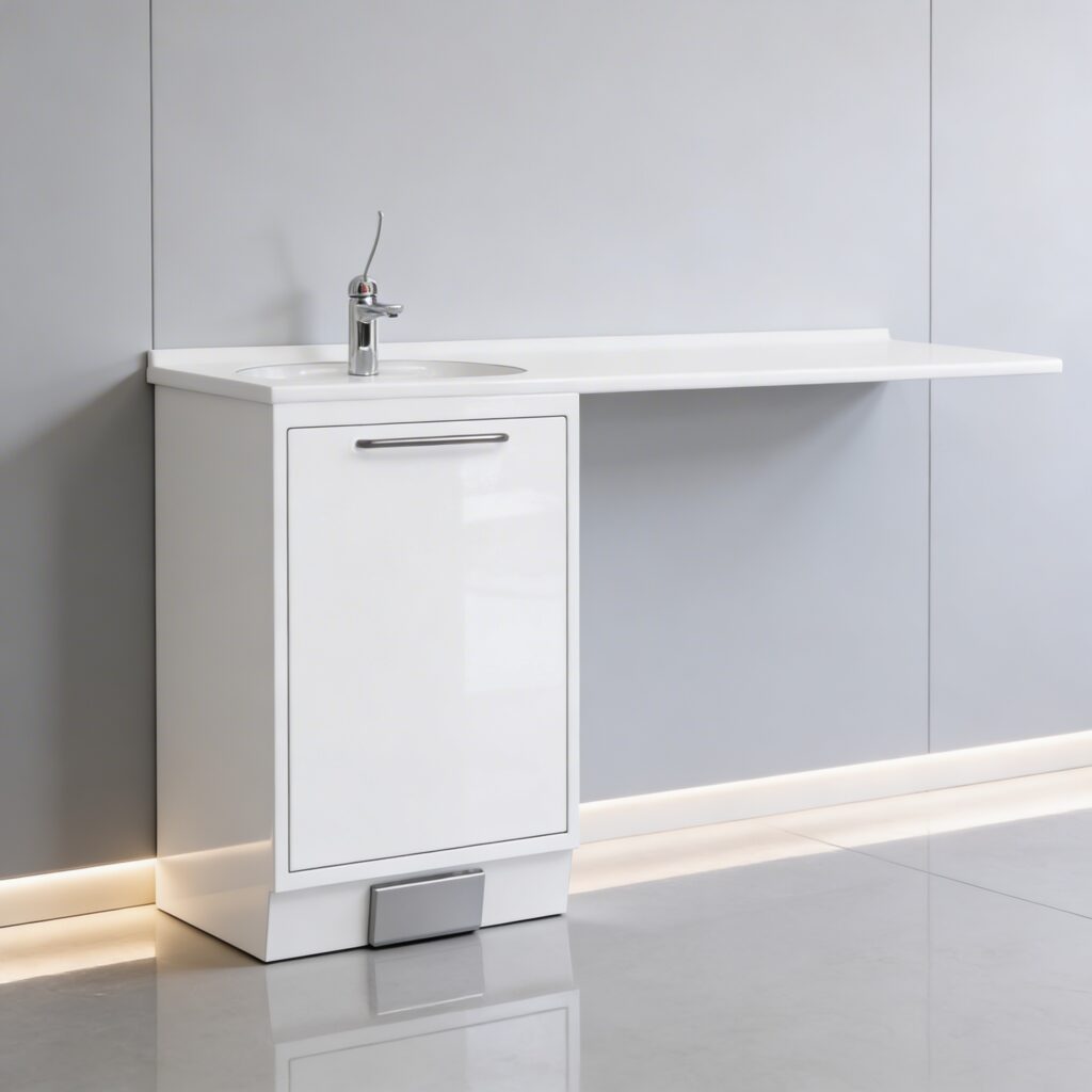 Configurable clinical sink module with extended worktop in Easy Move medical furniture system