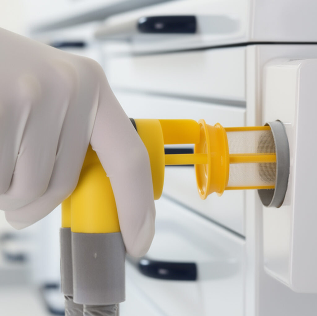 Dettaglio del filtro secreti del sistema di aspirazione odontoiatrica ASPISERVE
