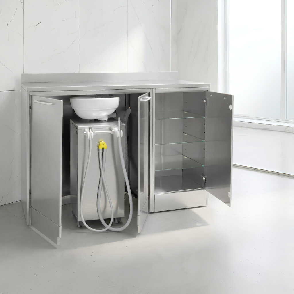 Mobile garage in acciaio inox per Aspirol con sistema di aspirazione chirurgica odontoiatrica integrato