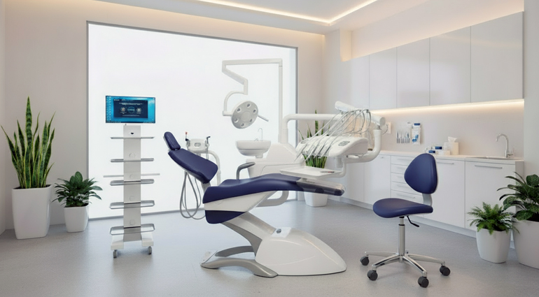 Over dental unit by Tecnomed Italia, Made in Italy, shown in a modern dental clinic. Quality brands include Miglionico and Simple&Smart