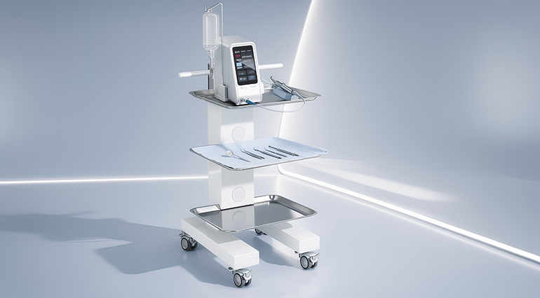 Easy Tray Nano in acciaio inox, carrello elettrificato dentale per apparecchiature medicali, soluzione compatta e modulare per studi odontoiatrici.