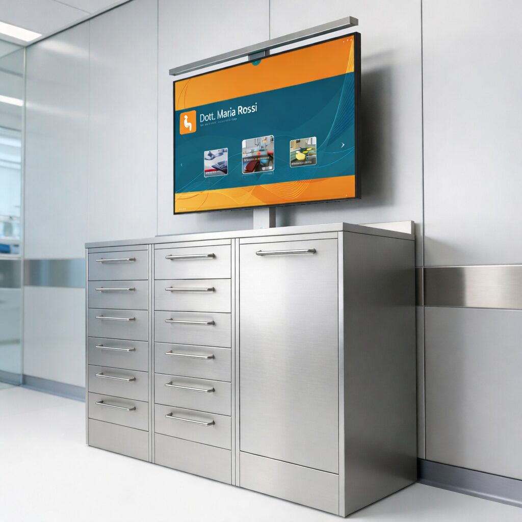 Mobile chirurgico odontoiatrico in acciaio inox Matrix con monitor motorizzato a scomparsa integrato, per studio dentistico digitale.