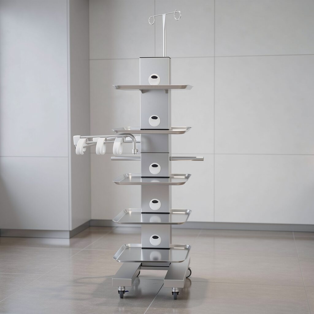 Carrello odontoiatrico elettrificato in acciaio inox con ripiani estraibili sterilizzabili, per studio dentistico e chirurgico.