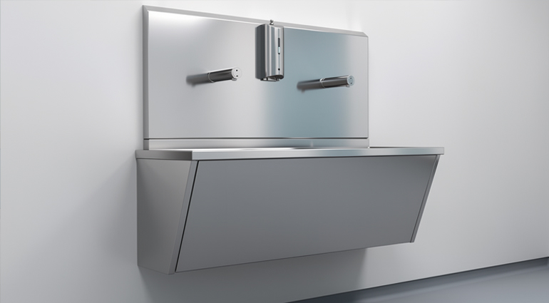 Double station AISI 304 stainless steel surgical scrub sink with clinical faucets