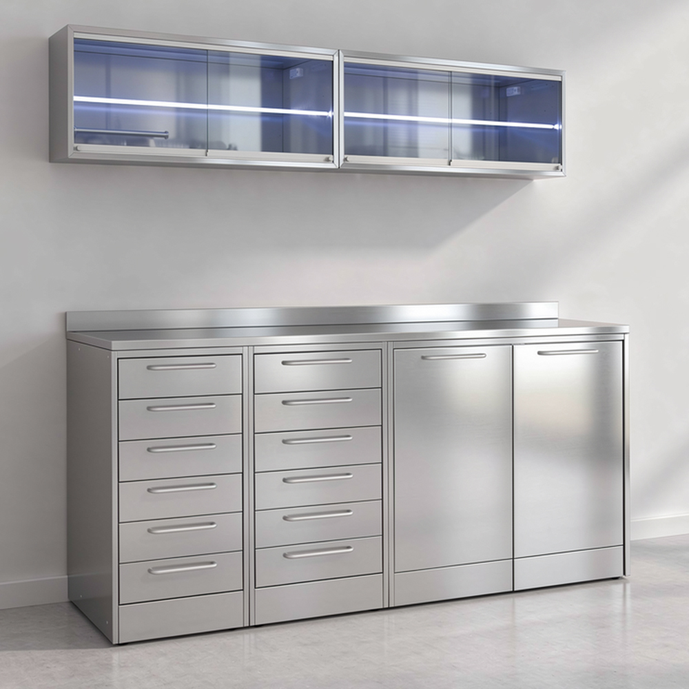Chirunox configuration: stainless steel dental surgical cabinets fully customizable for dental clinics and surgical rooms.