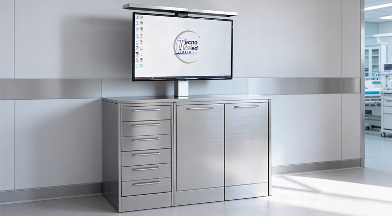 Mobile chirurgico odontoiatrico in acciaio inox Matrix con monitor integrato per studio dentistico e sala chirurgica.