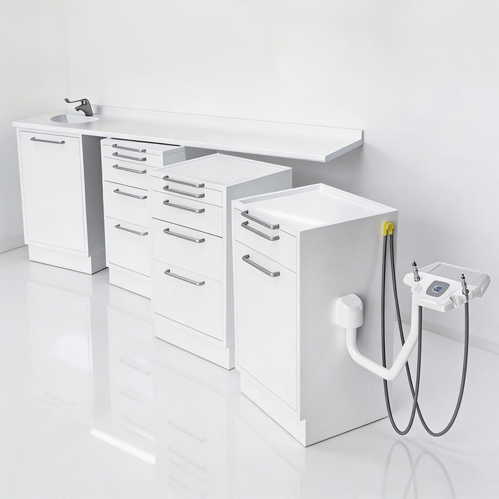 Mobile per studio dentistico Easy Move con alloggio Aspiserve, lavello filo piano e servomobili personalizzabili
