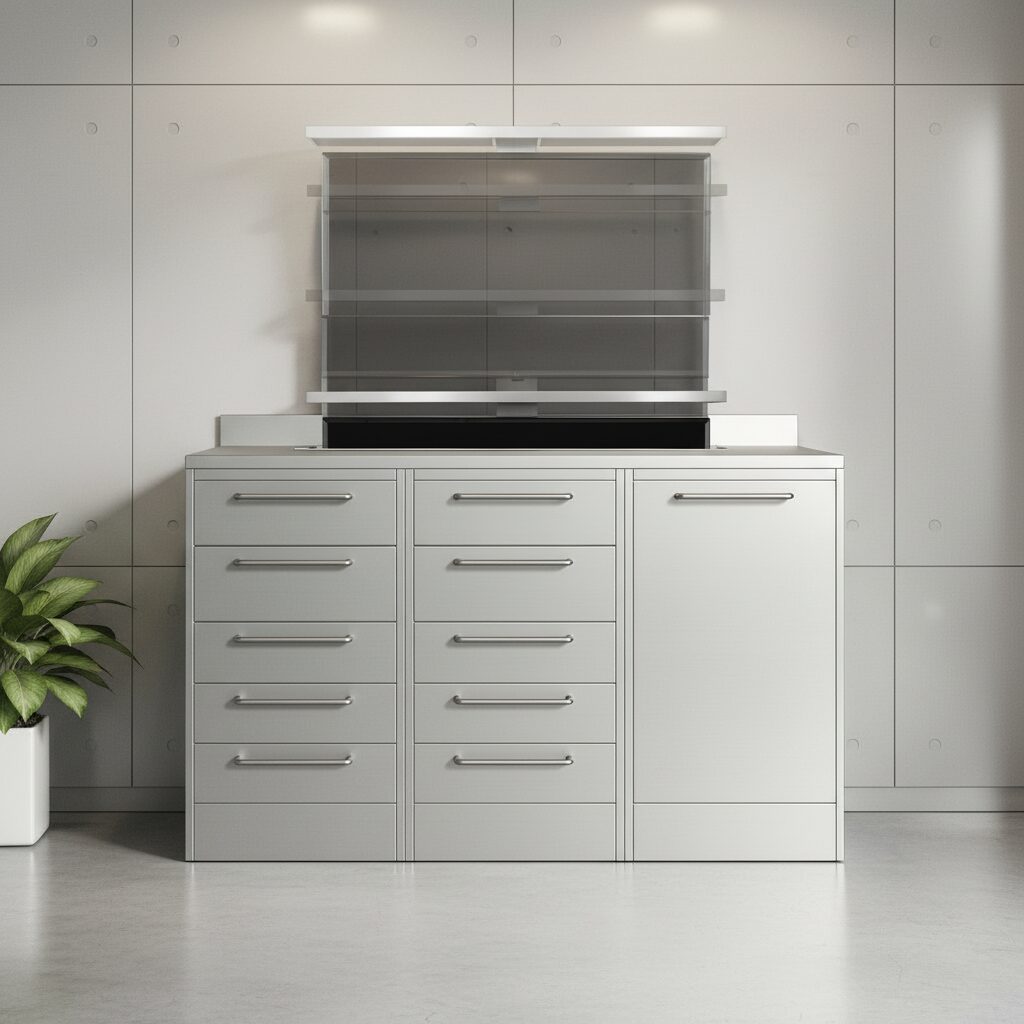 Monitor motorizzato a scomparsa integrato nel mobile chirurgico odontoiatrico in acciaio inox Matrix durante il sollevamento.