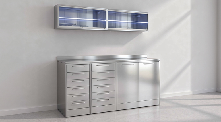 Esempi di configurazioni modulari dei mobili chirurgici CHIRUNOX in acciaio inox per odontoiatria, chirurgia, veterinaria, poliambulatori, chirurgia estetica