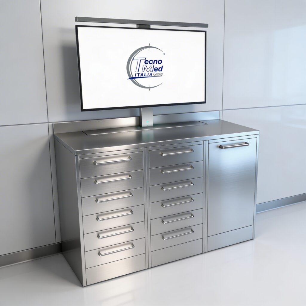Matrix stainless steel dental surgical cabinet with integrated monitor for dental clinic and surgical room.