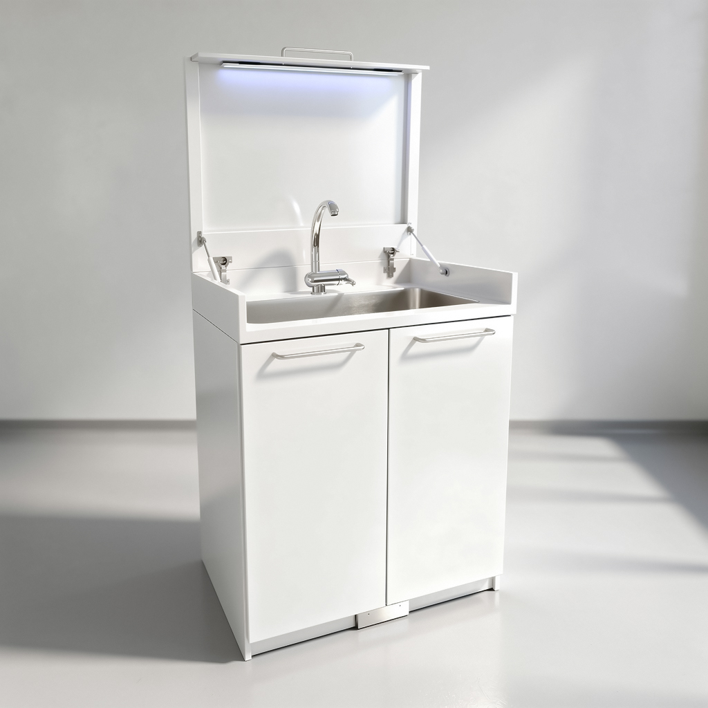 Sterila surgical sink with integrated UV sterilization system for hygienic handwashing in medical environments. Inox white