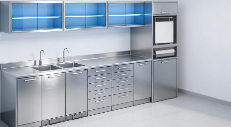 arredo professionale per area di sterilizzazione odontoiatrica con flusso sporco pulito e struttura saldata in inox