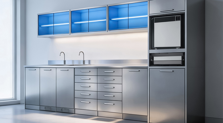 sala di sterilizzazione odontoiatrica in acciaio inox medicale con arredi modulari qualità ospedaliera